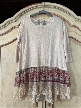 Hand Tea Stained Cream Tunic Top with Paisley Lace Hem size Medium
